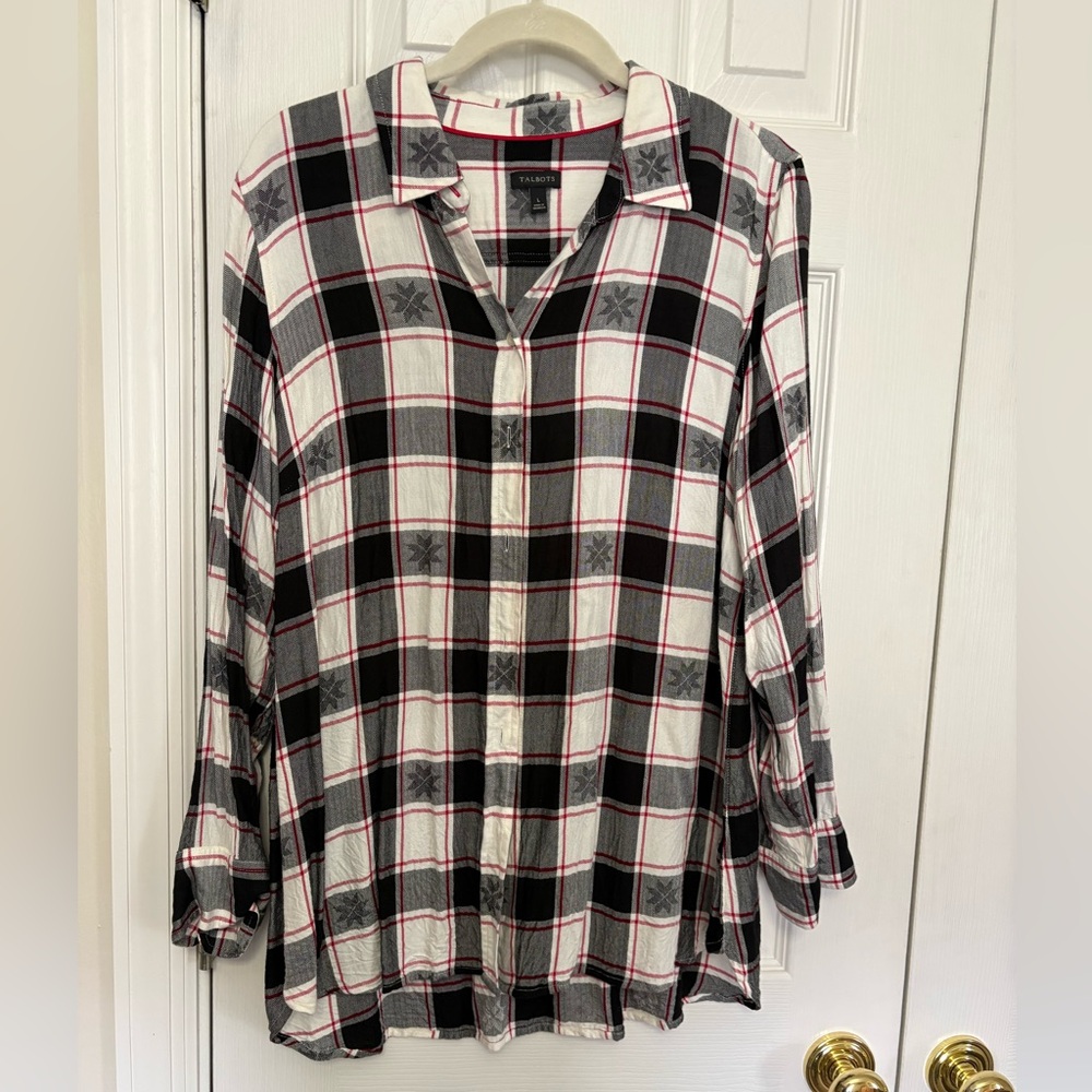 Talbots Black & White Plaid Button-Up Shirt with Red Accents